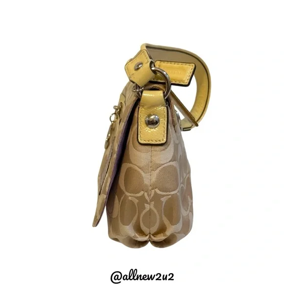Coach Poppy Signature Tan Yellow Leather Accents W Gold Hardware Shoulder Bag - Picture 4 of 10